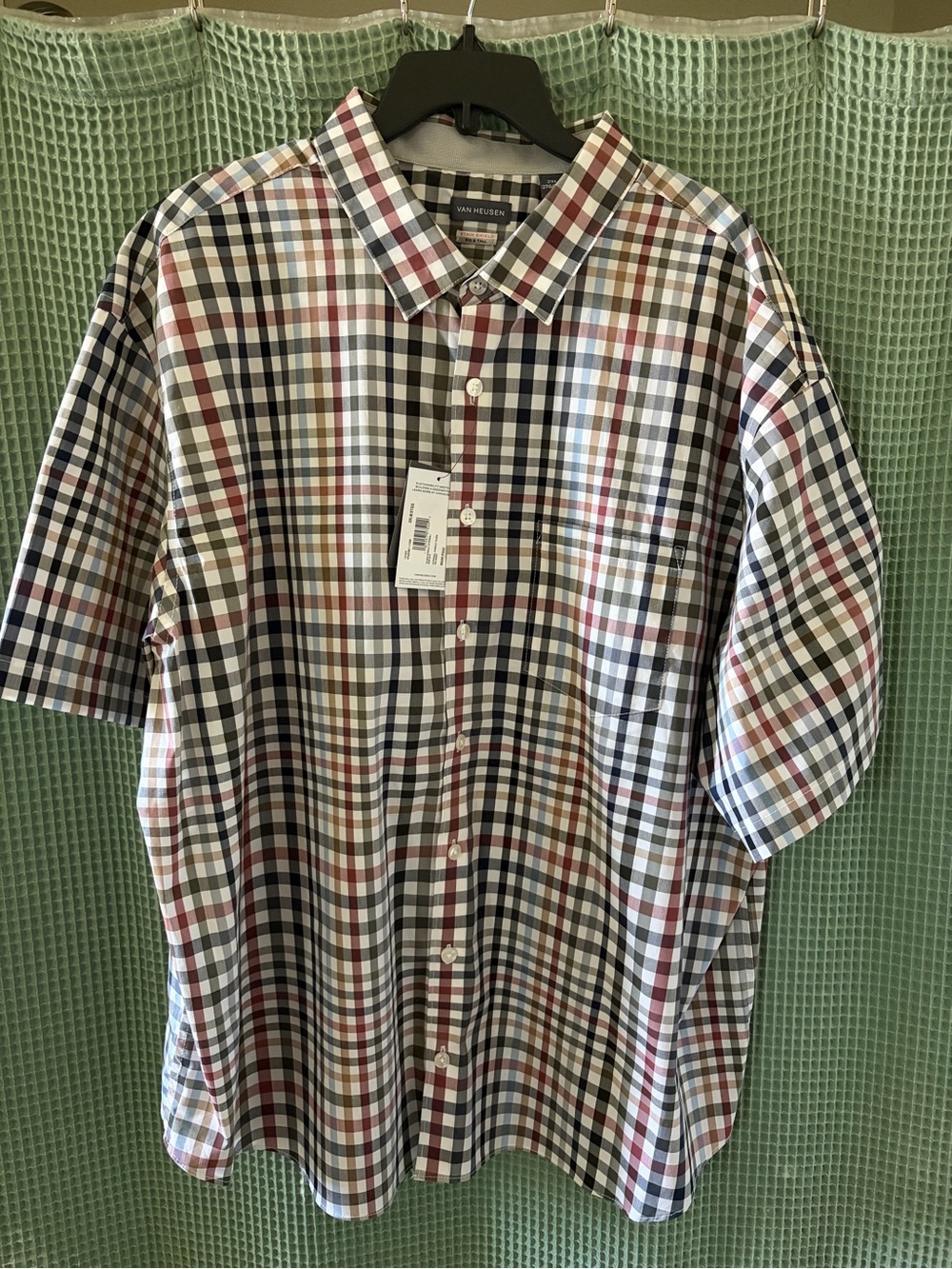 Van Heusen Men’s Short Sleeve Plaid Button-Down Shirt in White, Navy, Red, Tan